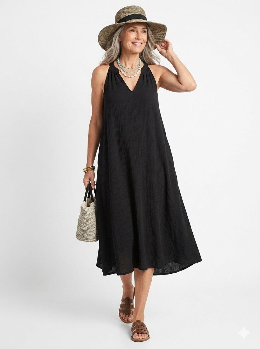 GARNET HILL Women's Medium Easy Cotton Gauze Cover Up Black A Line Swing Dress